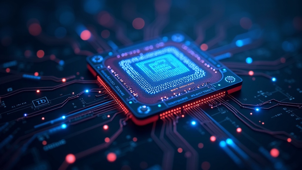 A stylized quantum processor surrounded by glowing data points as visualized in a futuristic lab