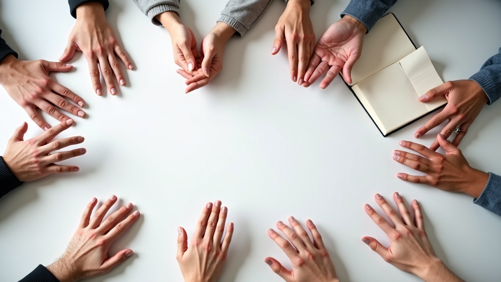Hands and arms forming expressive gestures near a table with a notebook, symbolizing non-verbal communication in action