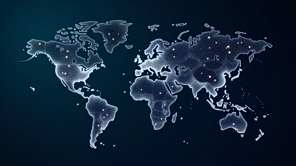 A stylized digital visualization of business data, including world maps and graphs representing global tariffs and AI data flows