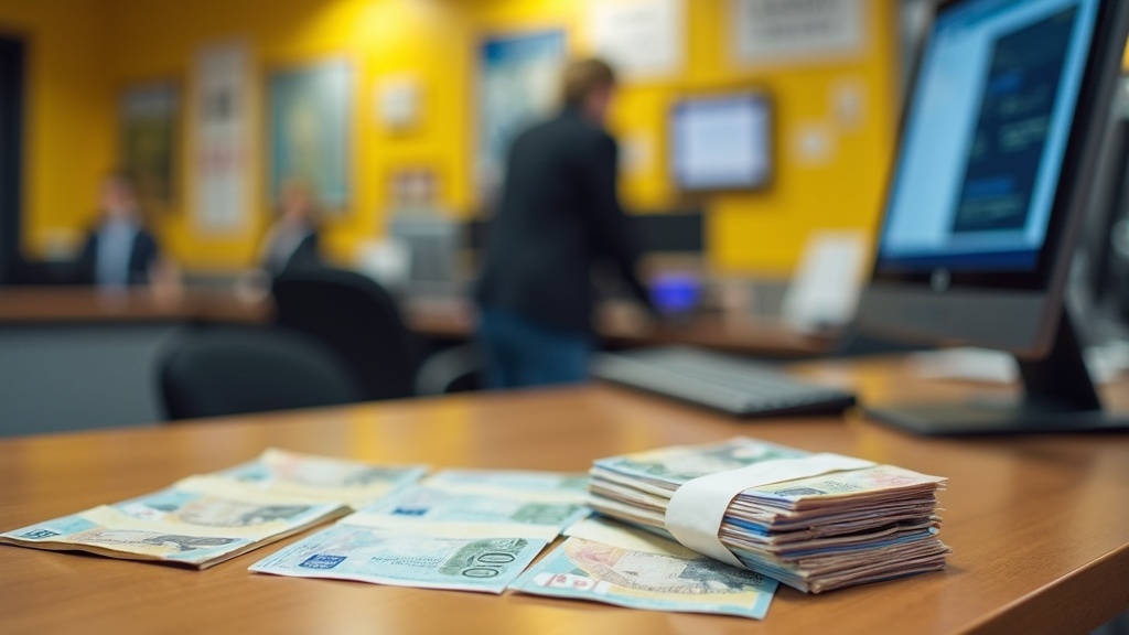 Western Union money transfer brochure, desk with cash, and a computer